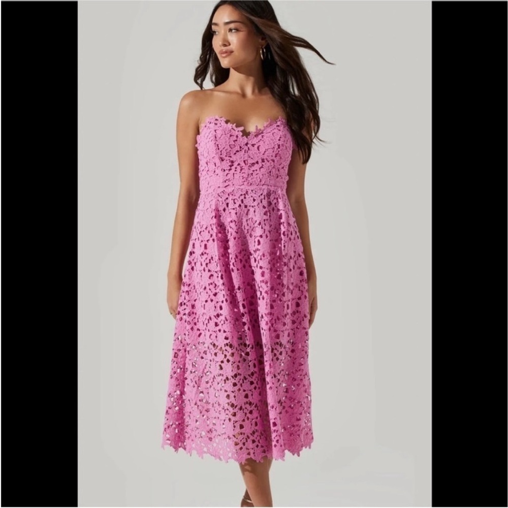 ASTR Strapless Pink Lace Midi Dress
